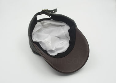 Unisex Leather / Woolen Military Cap Curved Brown Leather Bill 58 CM