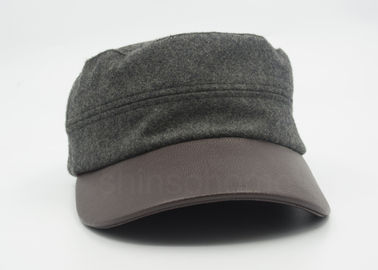 Unisex Leather / Woolen Military Cap Curved Brown Leather Bill 58 CM