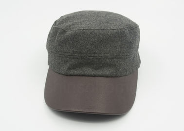 Unisex Leather / Woolen Military Cap Curved Brown Leather Bill 58 CM